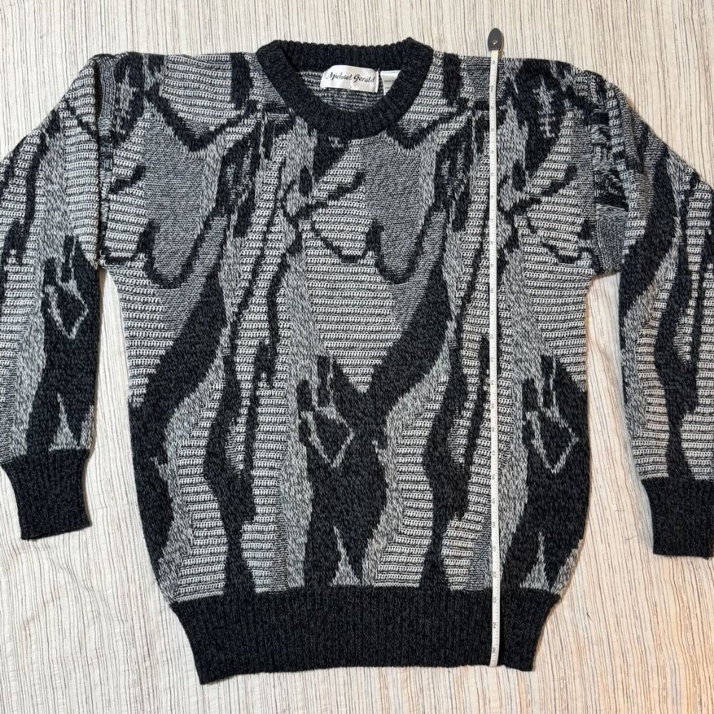 Vintage Michael Gerald Sweater Mens Medium Grey Black White Abstract Pattern